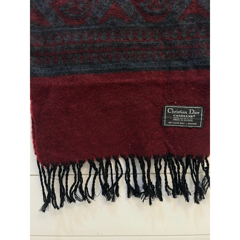 Christian Dior Vintage Cashluxe Fringed Red Plaid Long 100% Acrylic Scarf